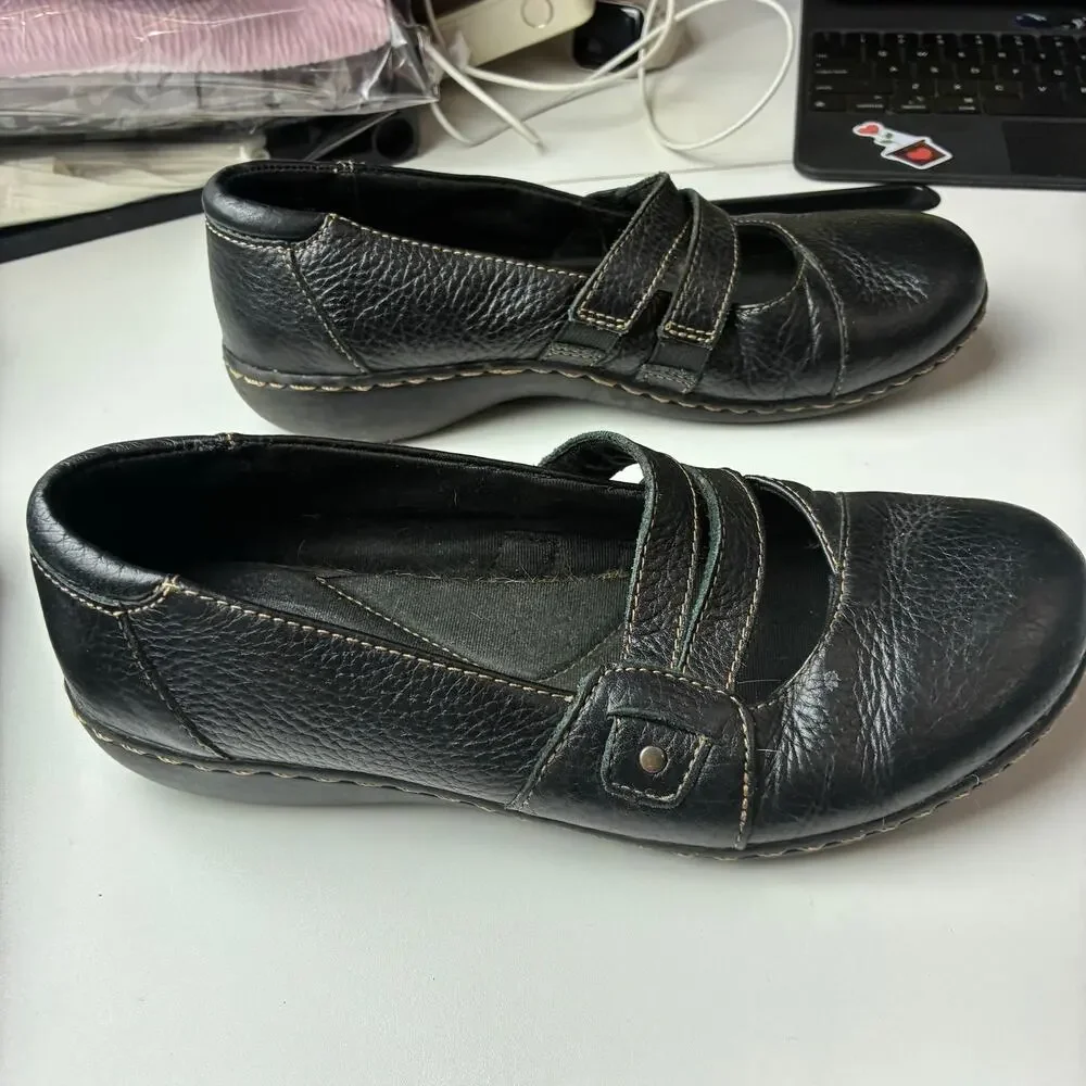Clarks Ashland Twist Bendables Black Leather Mary Jane Loafers Women 7.5 Comfort